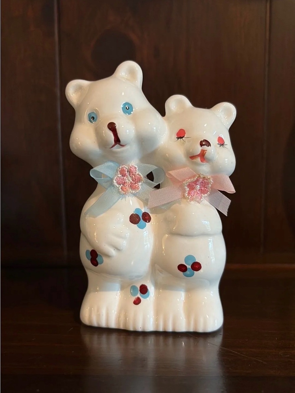 Vintage White Ceramic Bear Couple Figurine with Blue and Pink Accents